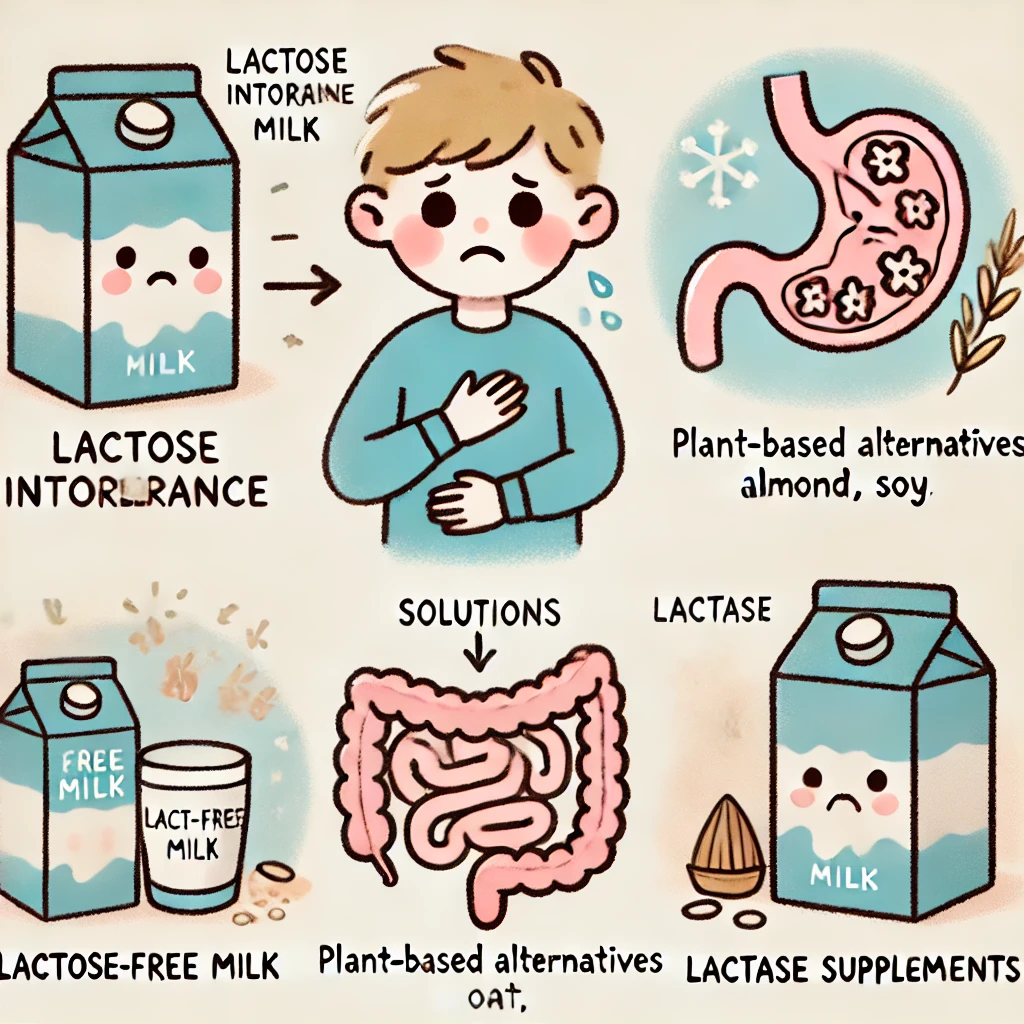 Dessin expliquant l'allergie au lactose. L'image illustre un enfant tenant son ventre avec un air souffrant après avoir consommé du lait, un schéma simplifié du système digestif montrant une réaction négative au lactose, et des alternatives visuelles comme le lait sans lactose et les boissons végétales (amande, avoine, soja).